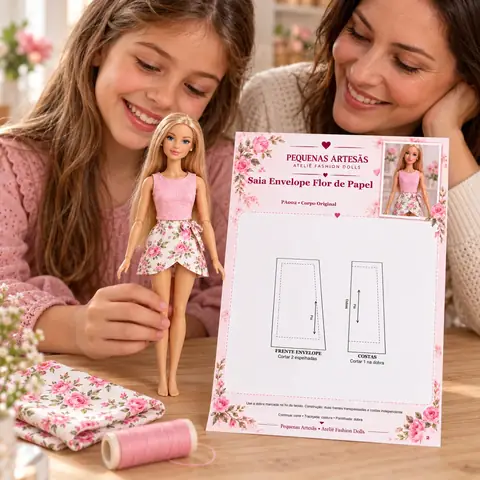 Mãe e filha admiram a roupinha pronta junto à página do molde