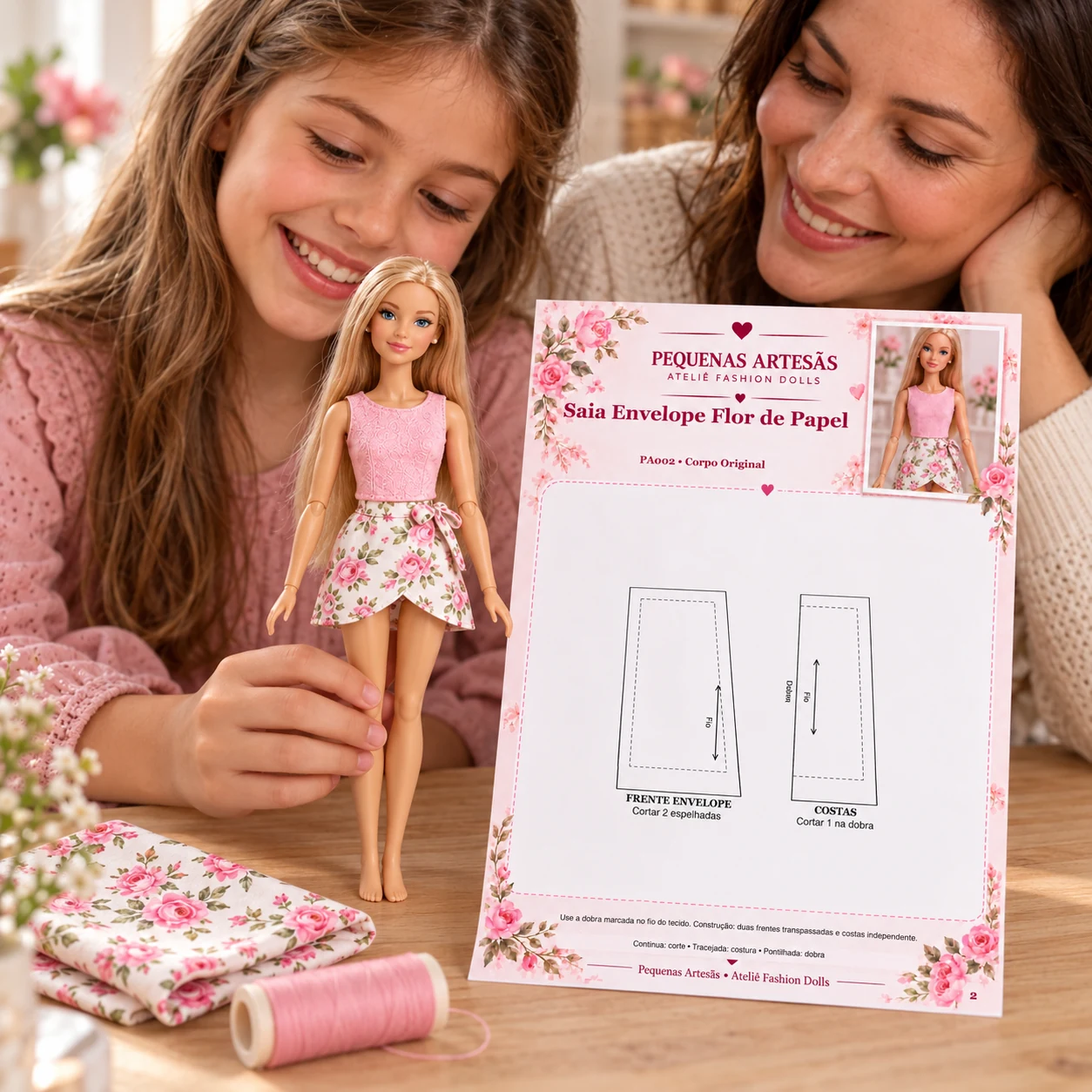 Mãe e filha admiram a roupinha pronta junto à página do molde