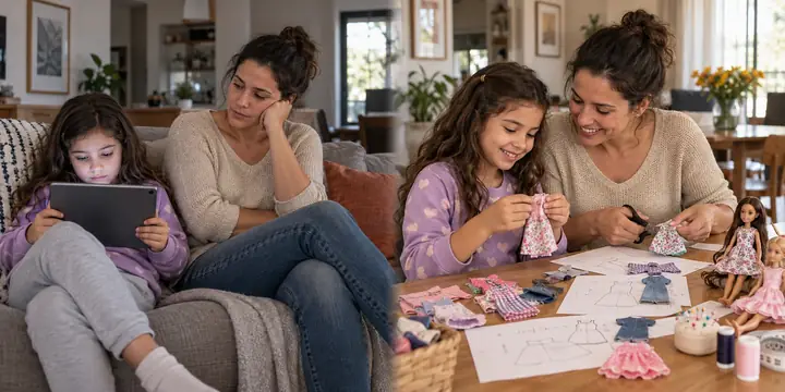 Pequenas Artesãs: antes, a filha usa o tablet; depois, mãe e filha criam roupinhas para Fashion Dolls