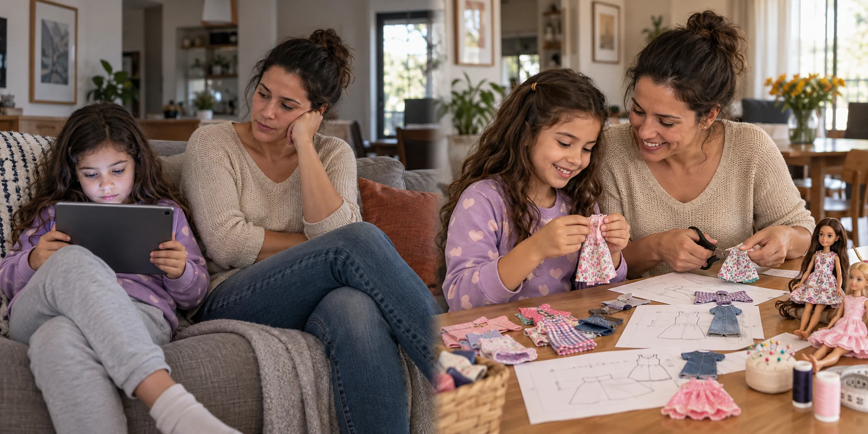Pequenas Artesãs: antes, a filha usa o tablet; depois, mãe e filha criam roupinhas para Fashion Dolls